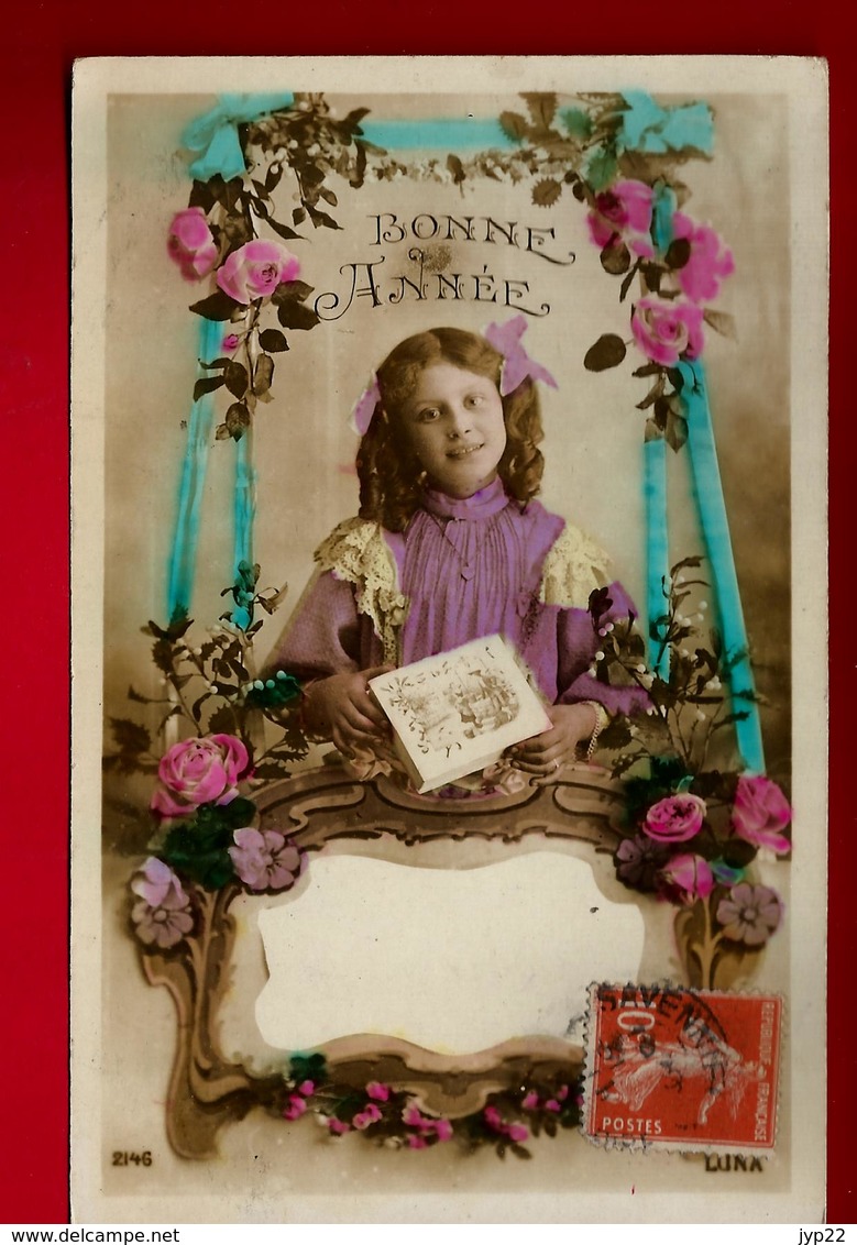 Jolie CP Ancienne Colorisée Bonne Année Enfant Fillette Fleurs ... - Ed Luna 2146 - écrite à Savennières 31-12-1911 - Nouvel An