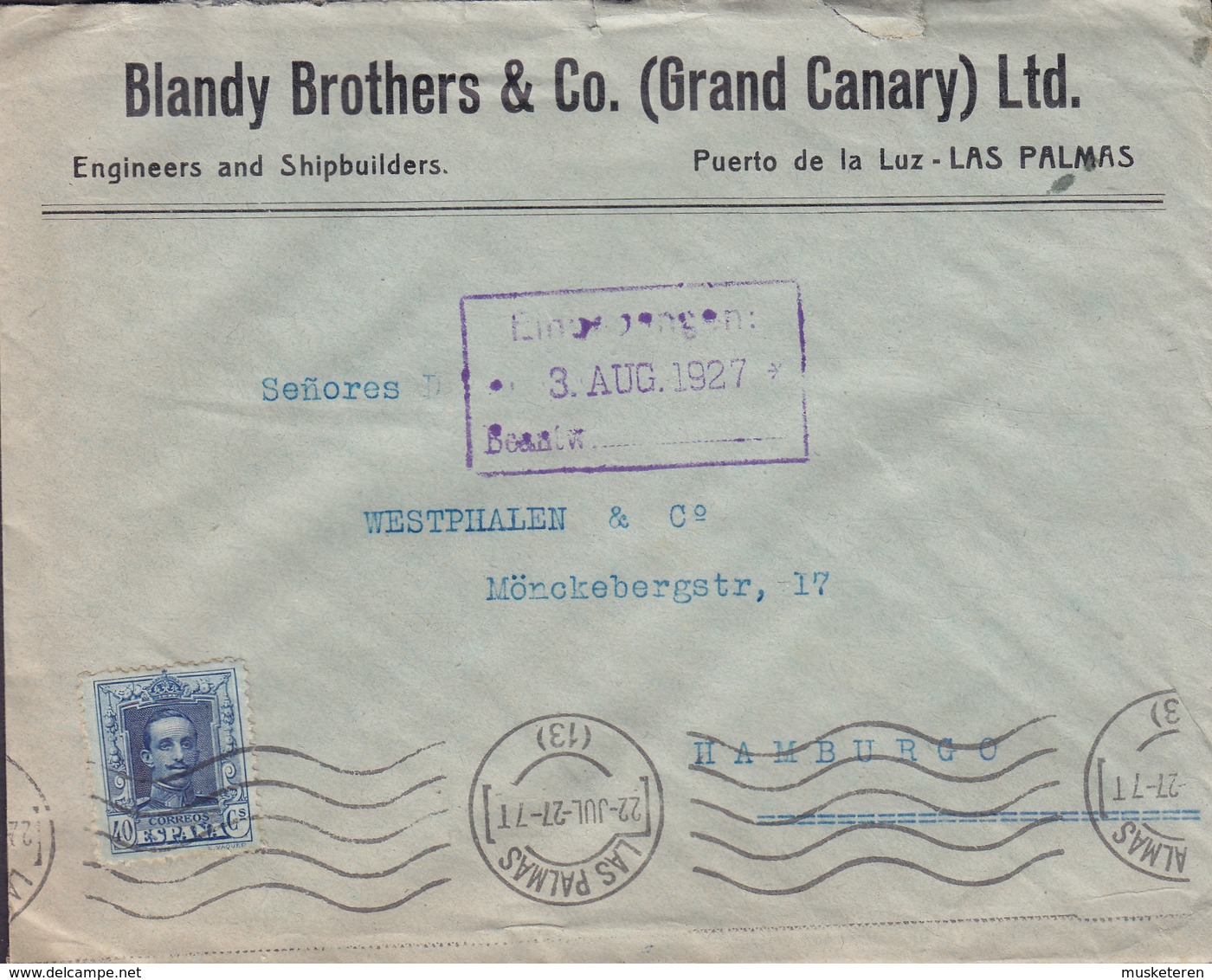 Spain BLANDY BROTHERS & Co. (Grand Canary) Ltd Engineers & Shipbuilders LAS PALMAS 1927 Cover Letra Alphonse XIII. - Cartas & Documentos