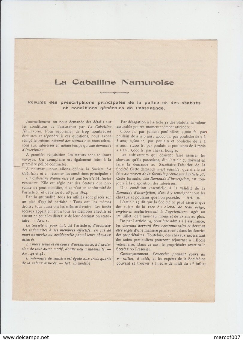 LA CABALLINE NAMUROISE - ASSURANCE PROVINCIALE-  ÉLEVEURS PROVINCE DE NAMUR - 2 DOCS - 1920 - Banque & Assurance