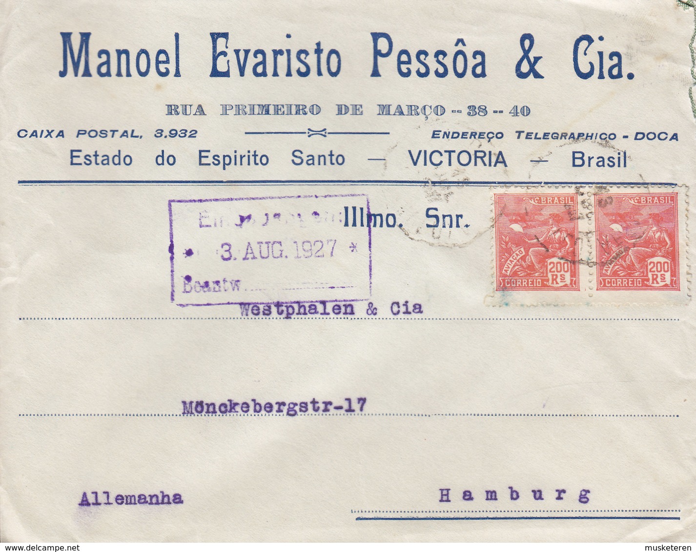 Brazil MANOEL EVARISTO PESSÔA & Cia, VICTORIA 1927 Cover Letra HAMBURG Germany - Cartas & Documentos