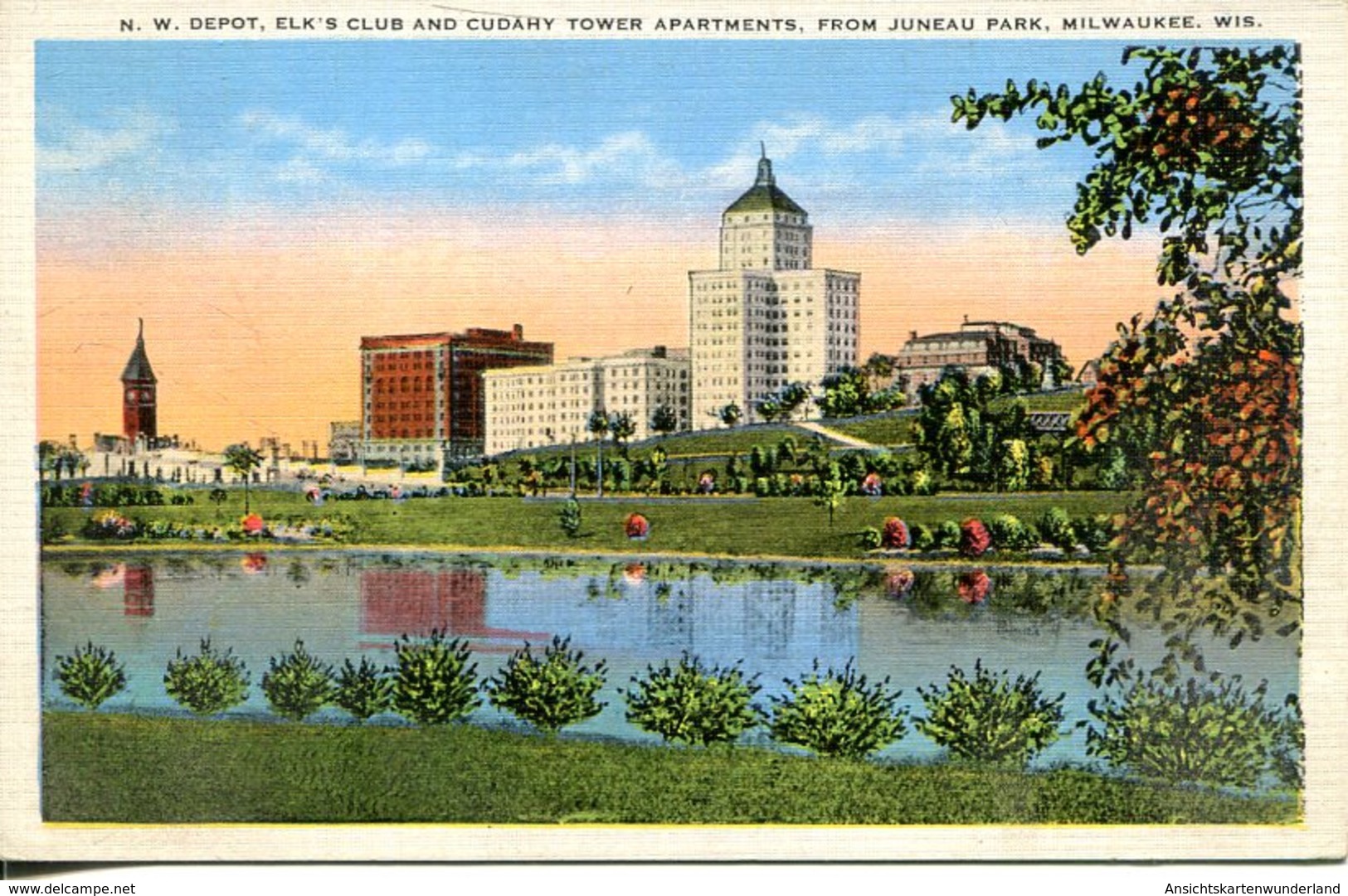 006124  N. W. Depot, Elk's Club And Cudahy Tower Apartments From Juneau Park, Milwaukee - Milwaukee