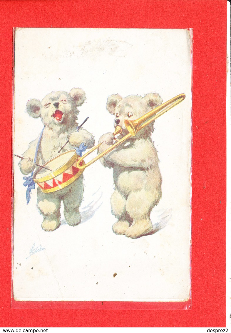 JOUET OURS NOUNOURS Musicien Tambour Trompette Carte Signée - Jeux Et Jouets