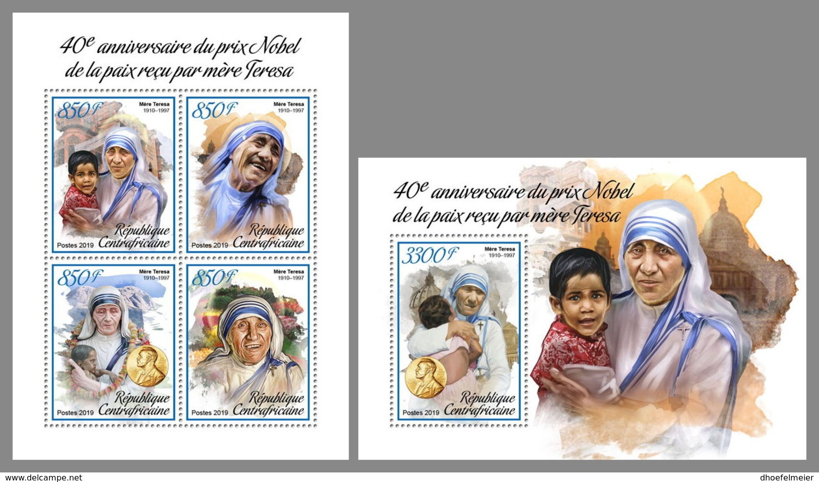 CENTRAL AFRICA 2019 MNH Mother Teresa Nobel Peace Prize 1979 M/S+S/S - OFFICIAL ISSUE - DH1906 - Mother Teresa