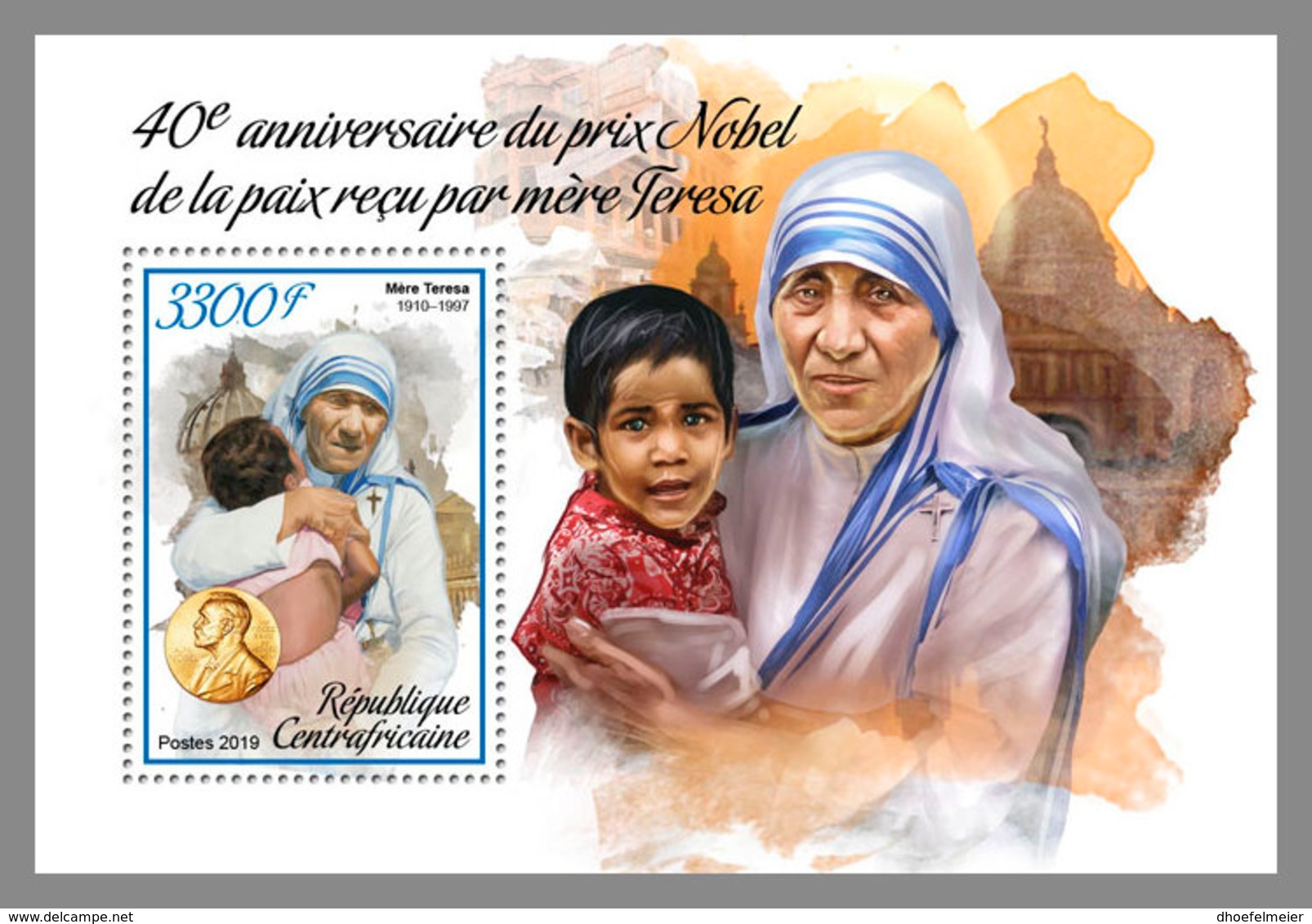 CENTRAL AFRICA 2019 MNH Mother Teresa Nobel Peace Prize 1979 S/S - OFFICIAL ISSUE - DH1906 - Mère Teresa