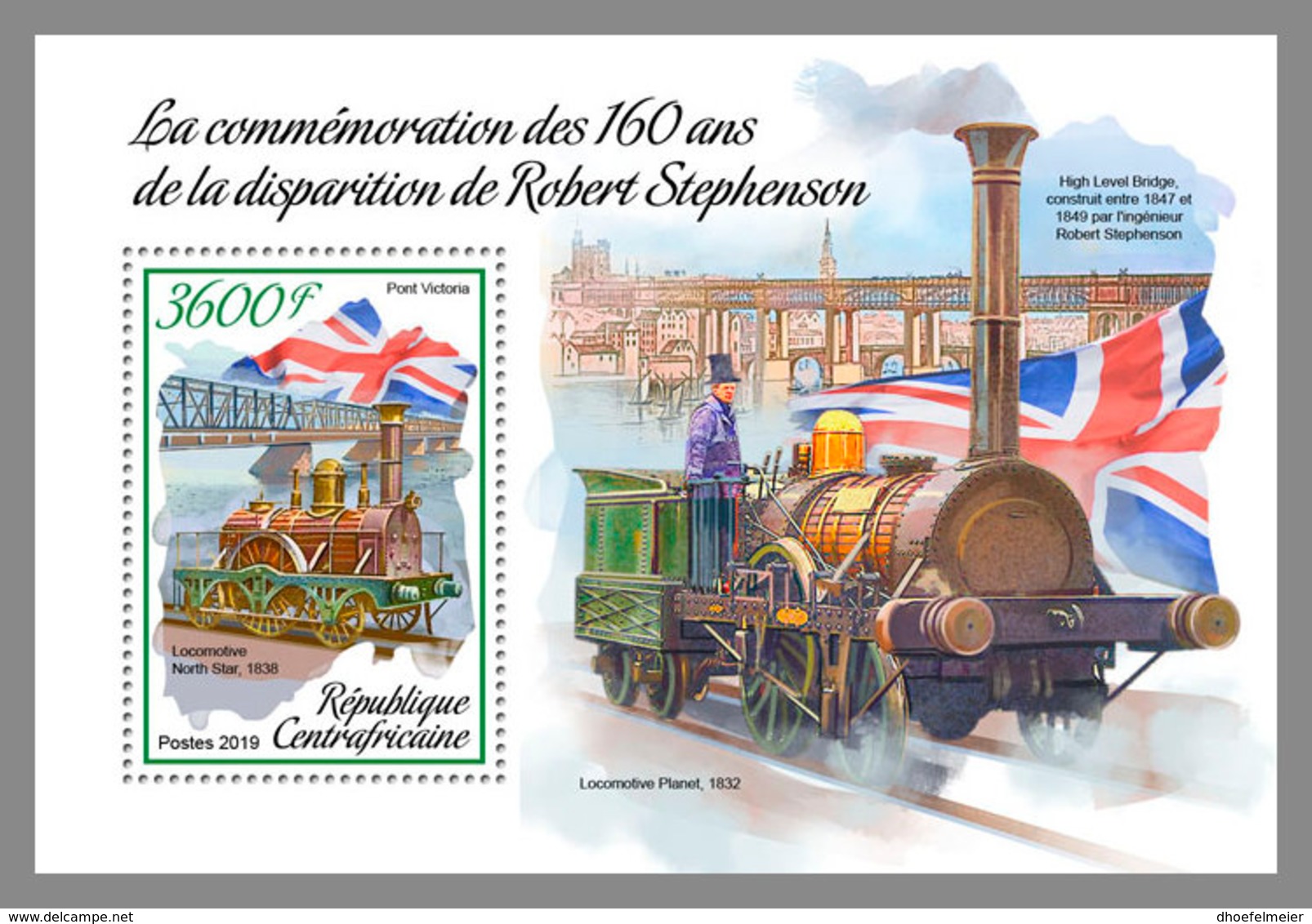 CENTRAL AFRICA 2019 MNH Robert Stephenson Trains Eisenbahnen S/S - OFFICIAL ISSUE - DH1906 - Trains