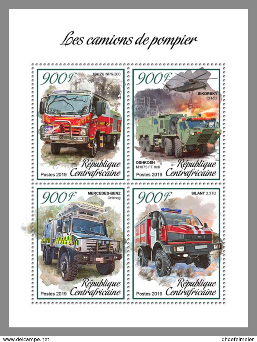 CENTRAL AFRICA 2019 MNH Helicopter Hubschrauber Fire Engines M/S - OFFICIAL ISSUE - DH1906 - Hélicoptères