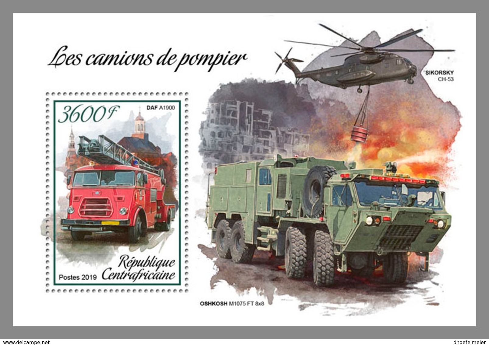 CENTRAL AFRICA 2019 MNH Helicopter Hubschrauber Fire Engines S/S - OFFICIAL ISSUE - DH1906 - Hélicoptères