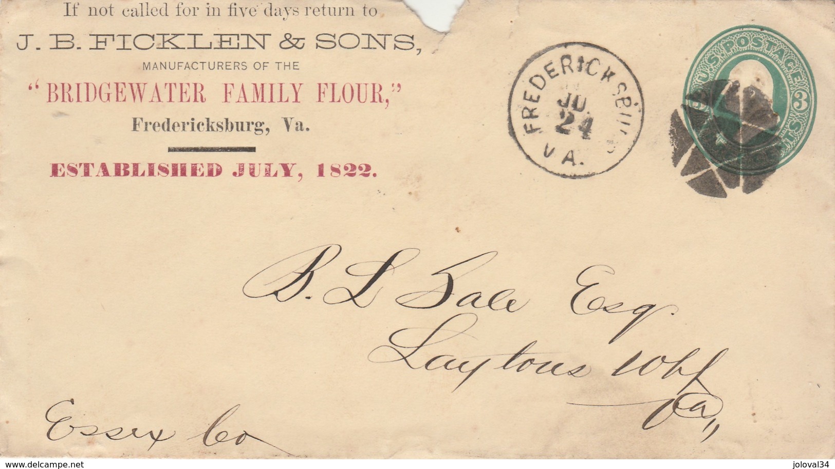 USA Lettre Entier Postal Entête Ficklein " Bridgewater Family Floor "  FREDERICKSBURG V A Pour Essex - ...-1900