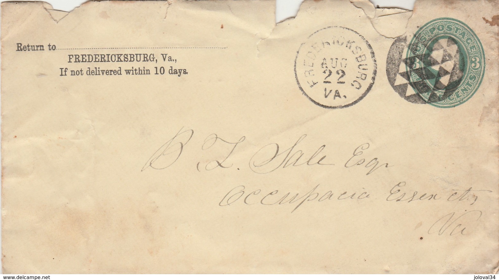 USA Lettre Entier Postal Cachet FREDERICKSBURG V A Pour Essex - ...-1900
