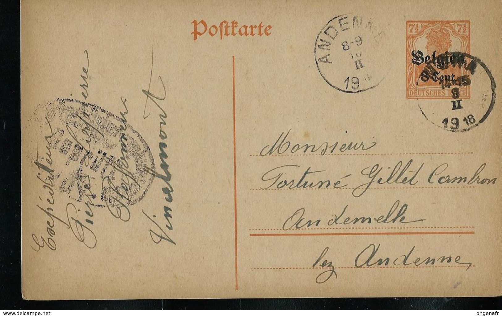Carte Obl. N° 10  Obl.  ? Uma  09/02/1918  Pour Andenne 10/02/19  (fortune) + Censure - German Occupation