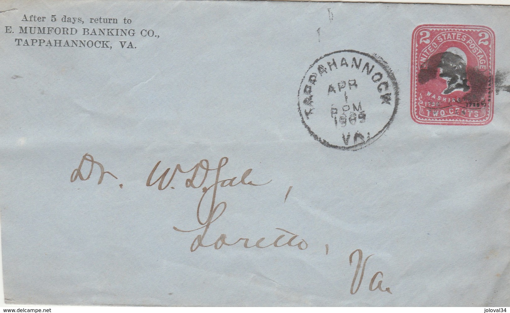 USA Lettre Entier Postal  Entête Mumford Banking TAPPAHANNOCK  VA Pour Loretto - ...-1900