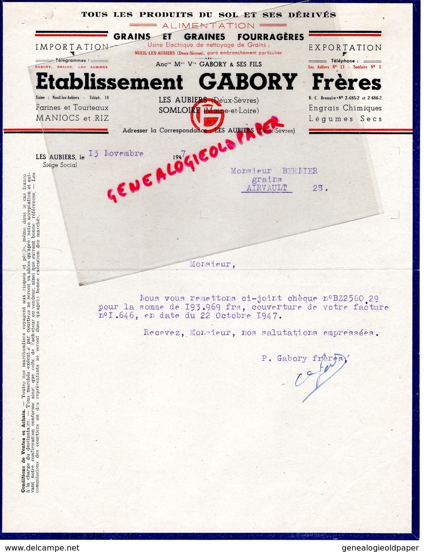 79- LES AUBIERS-49- SOMLOIRE- RARE LETTRE ETS. GABORY FRERES-GRAINS GRAINES FOURRAGERES-HORTICULTURE AGRICULTURE-1947 - Landwirtschaft