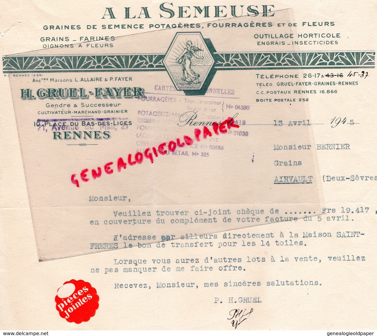 35- RENNES- RARE LETTRE H. GRUEL FAYER -L. ALLAIRE- A LA SEMEUSE-GRAINES HORTICULTURE -AGRICULTURE-1945 - Landwirtschaft