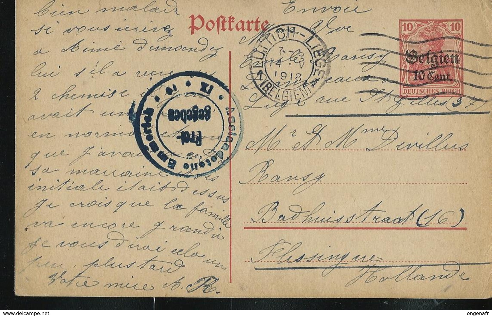 Carte Obl. N° 12 Obl. Lüttich - Liège 14/05/1918 + Censure Pour La Hollande - German Occupation