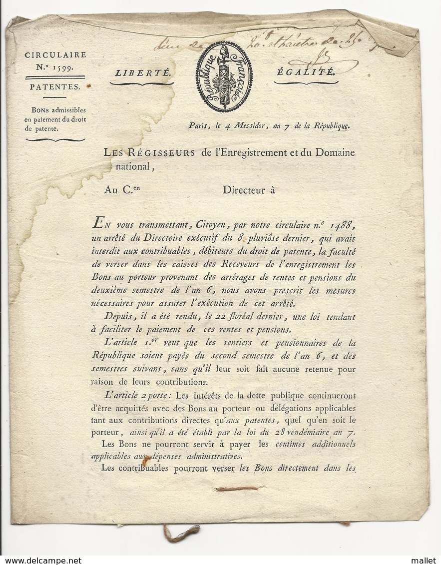 Circulaire N°1599 (an 7) Avec 2 Bons Au Porteur De 25 Frs (accrochés à L'intérieur) - Décrets & Lois