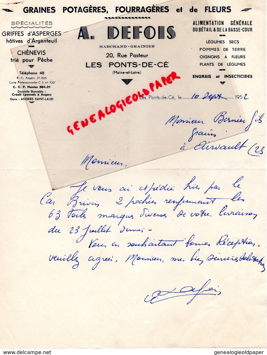 49- LES PONTS DE CE-RARE LETTRE MANUSCRITE SIGNEE A. DEFOIS-GRAINS GRAINES HORTICULTURE AGRICULTURE-1952 - Landwirtschaft