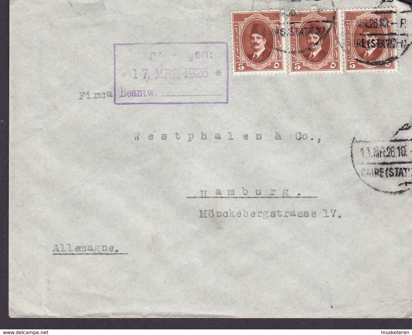 Egypt Egypte FRIEDRICH KELLER Slogan Flamme 'Government Exhibition' &  CAIRO STATION 1926 Cover Lettre HAMBURG Germany - Lettres & Documents