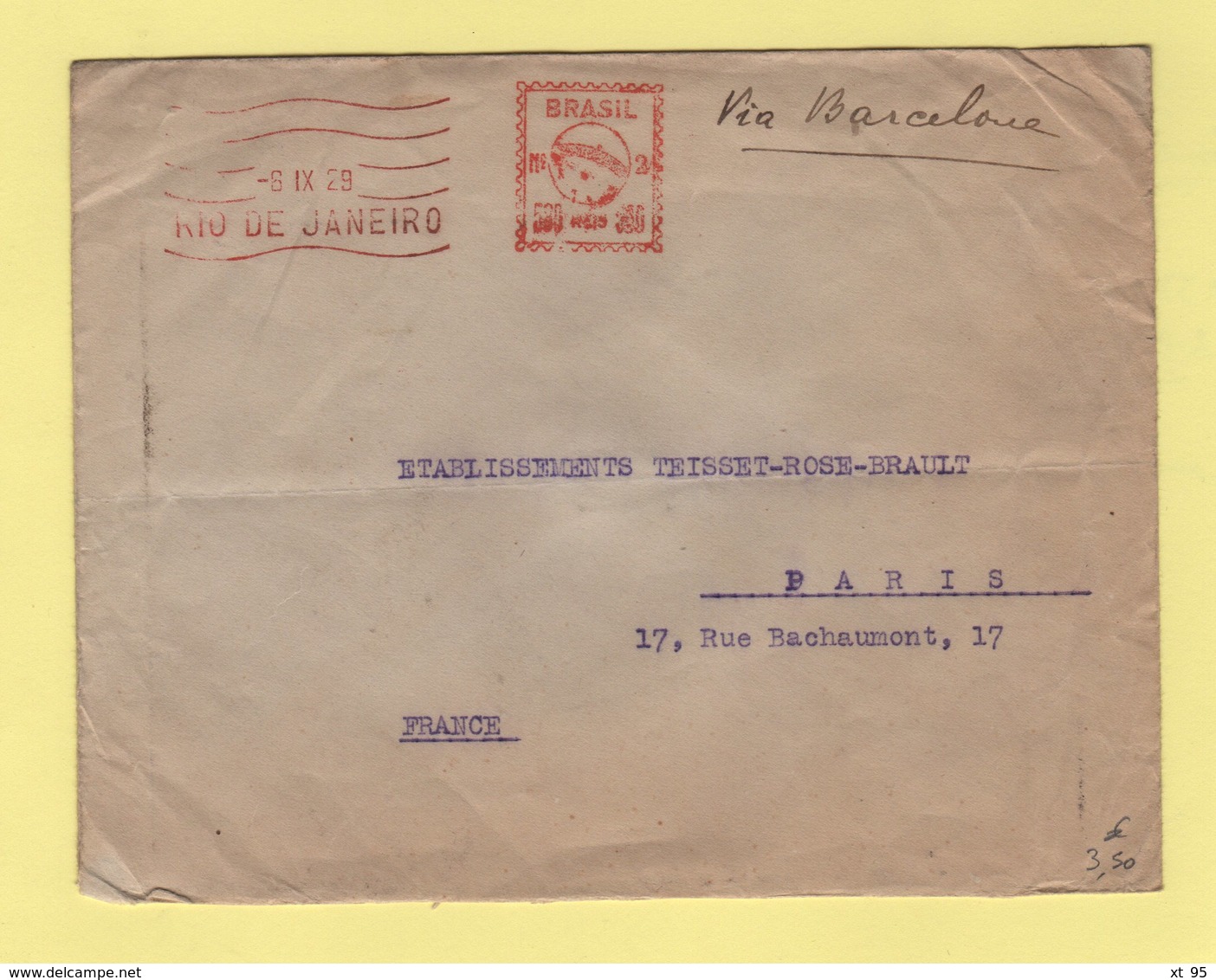 Bresil - Rio De Janeiro - EMA - 6-9-1929 - Destination Paris Via Barcelone - Lettres & Documents