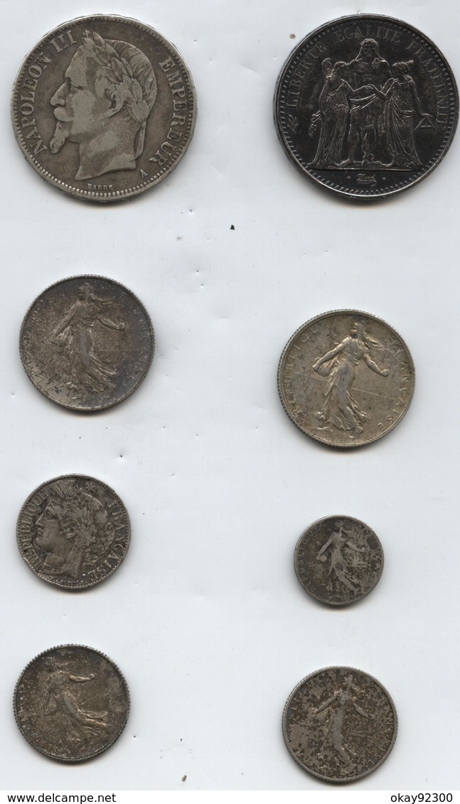 Lot De 8 Pièces En L'état Dont 5 Francs 1868 Empire Napoléon Argent Et 10 Francs 1966 Hercule Argent + Porte Monnaie - Autres & Non Classés