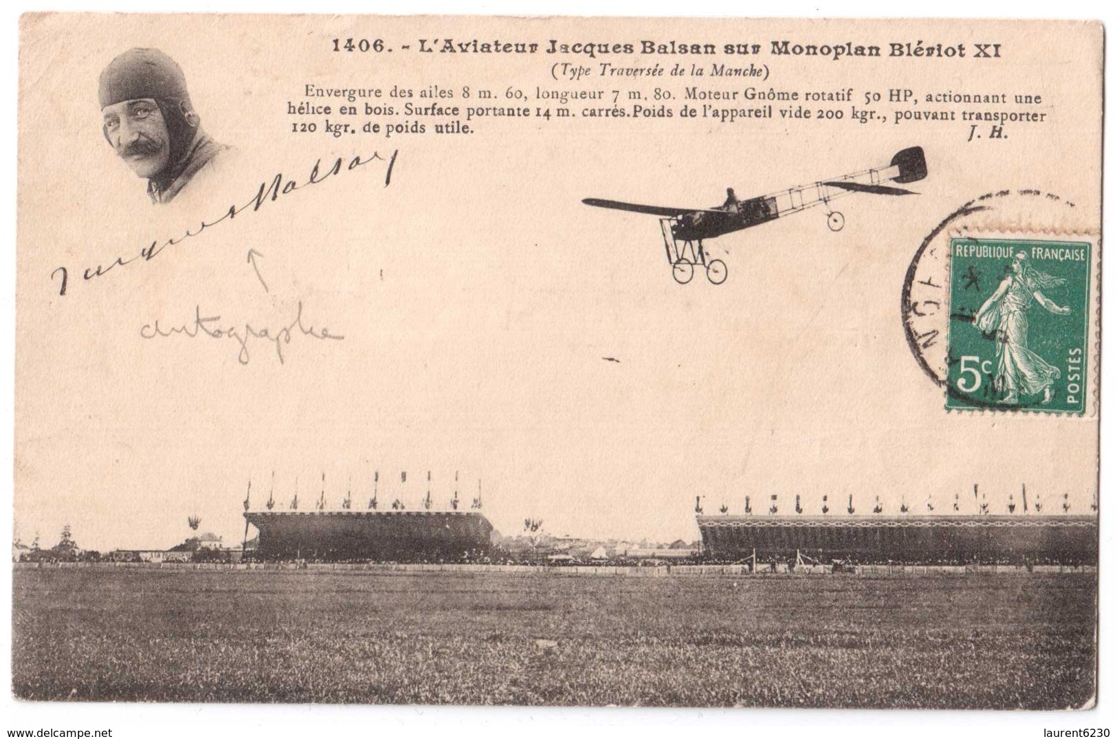 L'aviateur Jacques Balsan Sur Monoplan Blériot XI - édit. J.H. Hauser 1406 + Verso - Aviateurs