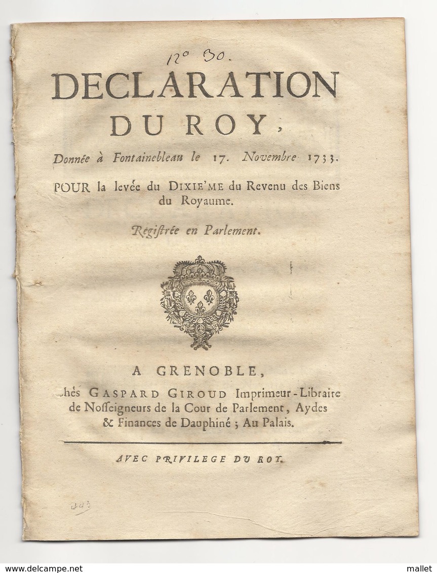 Déclaration Du Roy Donnée à Fontainebleau - 17 Novembre 1733 - Document De 20 Pages - Documents Historiques
