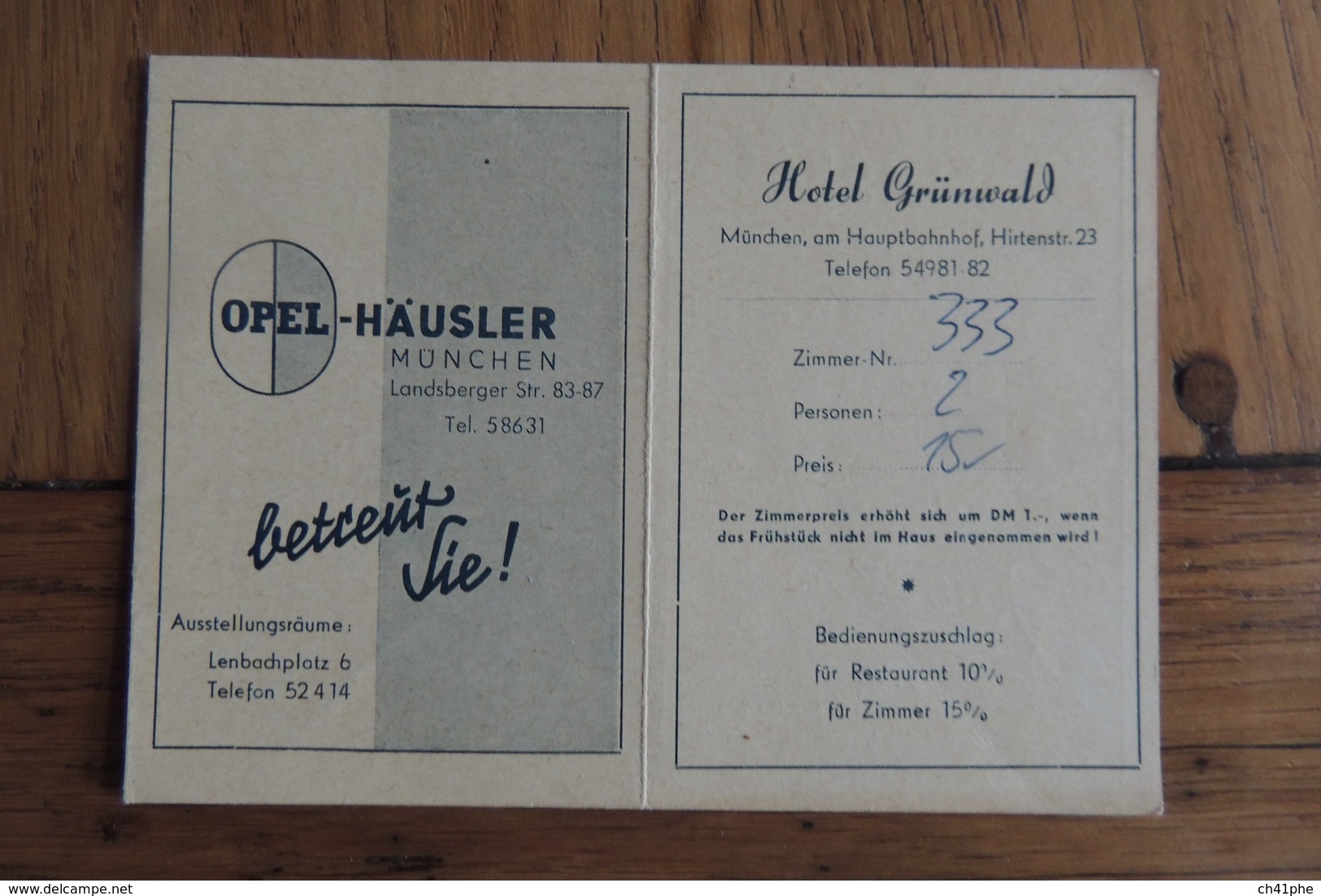 HOTEL GRÜNWALD / PLAN DE VILLE DE MÜNCHEN / DIVERS PUBLICITES: OPEL-HÄUSLER RHEIN-MAIN-BANK... - Cartoncini Da Visita