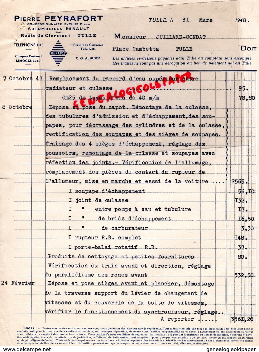 19- TULLE- RARE FACTURE PIERRE PEYRAFORT-CONCESSIONNAIRE AUTOMOBILES RENAULT-ROUTE DE CLERMONT-1948 - Auto's