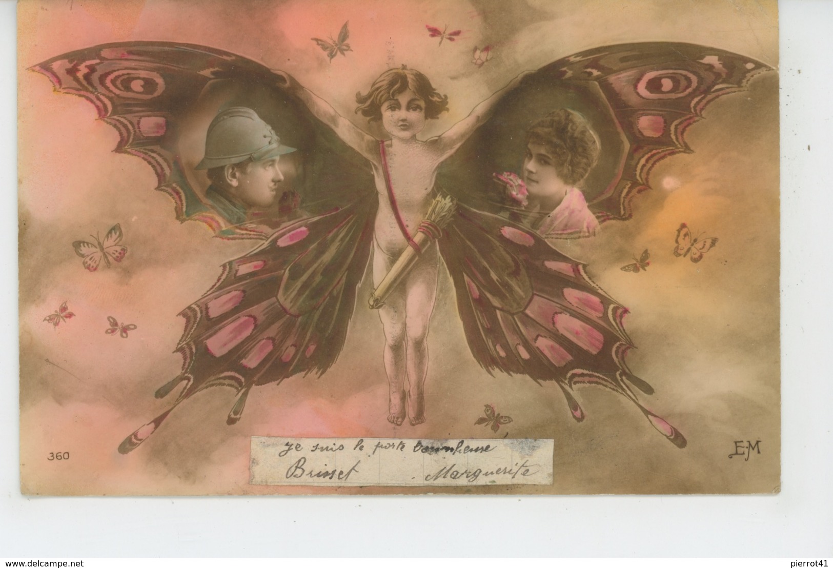 GUERRE 1914-18 - Jolie Carte Fantaisie Femme Et Poilu Dans Ailes Papillon CUPIDON - Guerre 1914-18