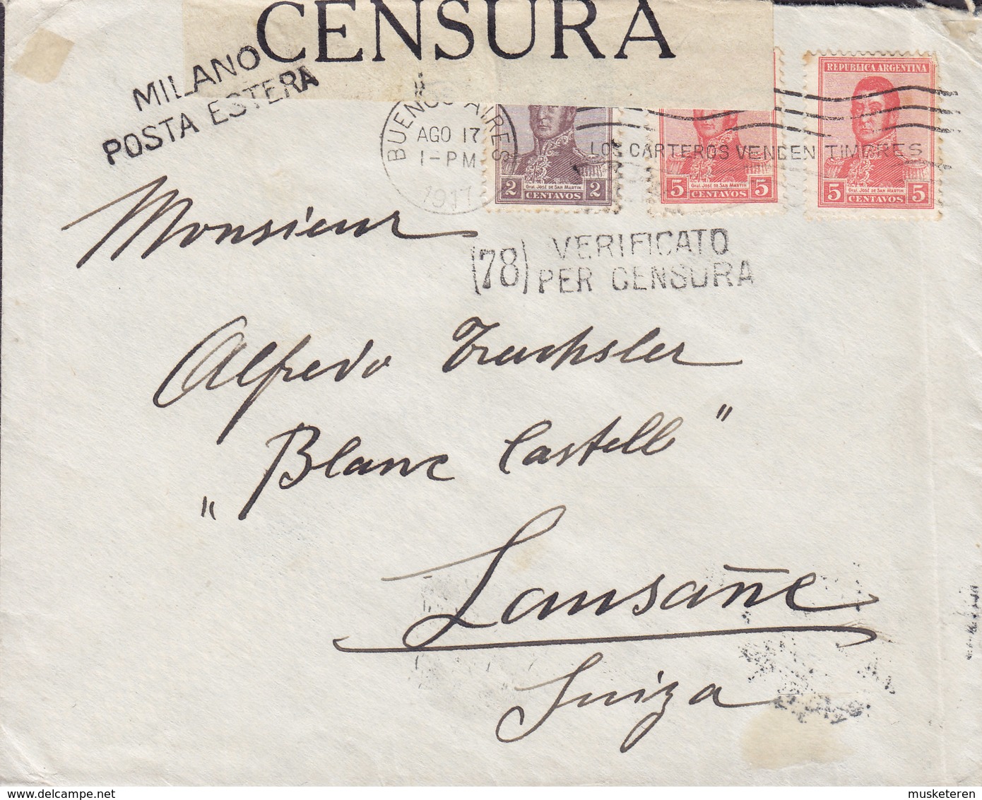 Argentina BUENOS AIRES 1917 Cover Brief LAUSANNES Schweiz VERIFICATO PER CENSURA Label Italian MILANO Censor Label - Briefe U. Dokumente