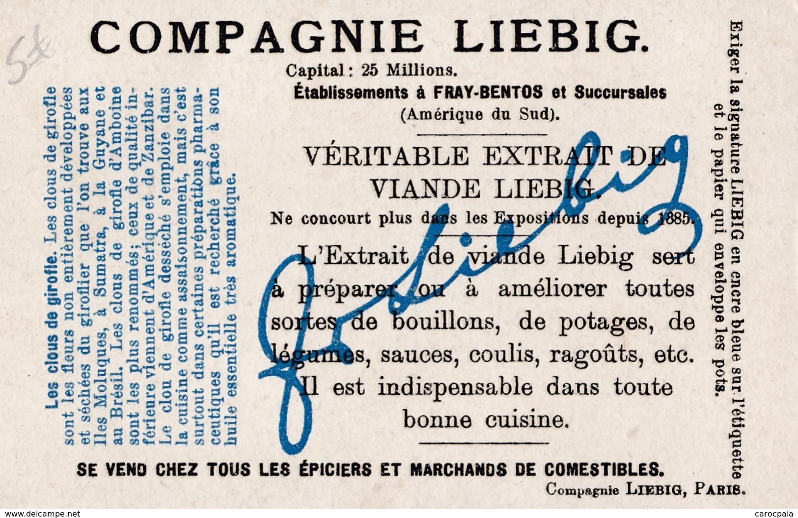 Vers 1895 Extrait De Viande Liebig : "Epices,clous De Girofle" ,cultivés En Guyane,Brésil ,Inde Sumatra - Liebig