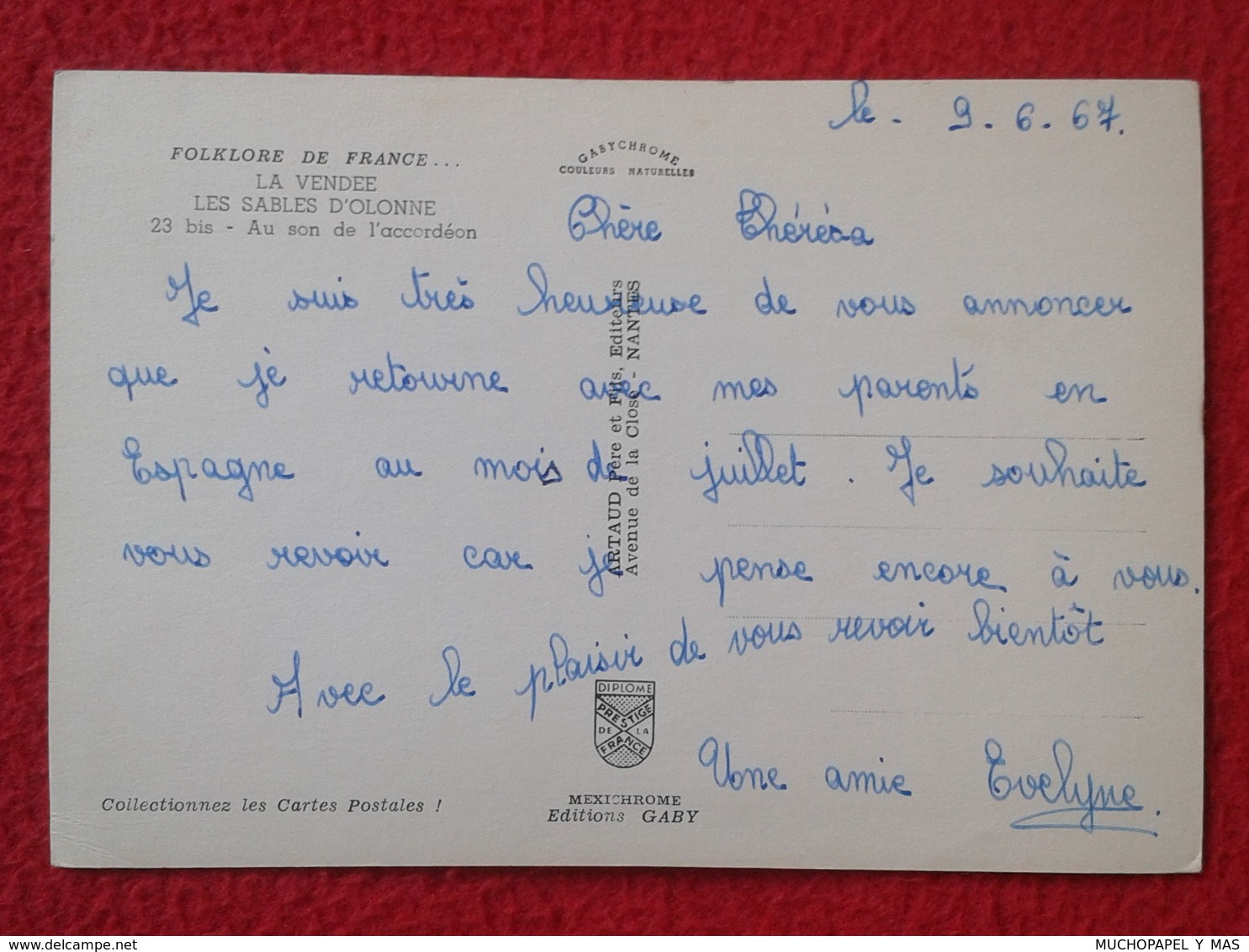 POSTAL POST CARD CARTE POSTALE ACORDEÓN ACCORDION ACCORDÉON FOLKLORE DE FRANCE LA VENDEE LES SABLES D'OLONNE MUSIC VER - Cantantes Y Músicos