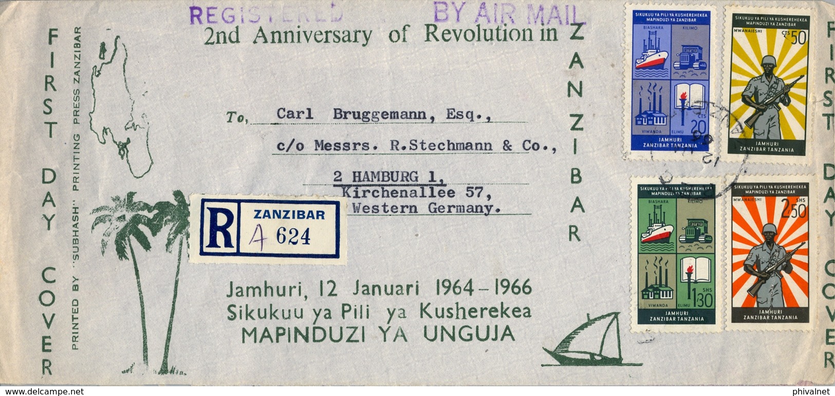 1966 , ZANZIBAR , SOBRE DE PRIMER DIA CERTIFICADO , 2ND. ANIVERSARIO DE LA REVOLUCIÓN EN ZANZIBAR - Zanzibar (1963-1968)