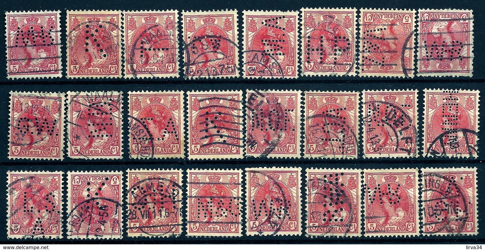 LOT 50 TIMBRES PERFORÉS PAYS-BAS- REINE WILHELMINE- N° 51-  5 Ct ROUGE- COL FOURRURE- 4 SCANS - Oblitérés