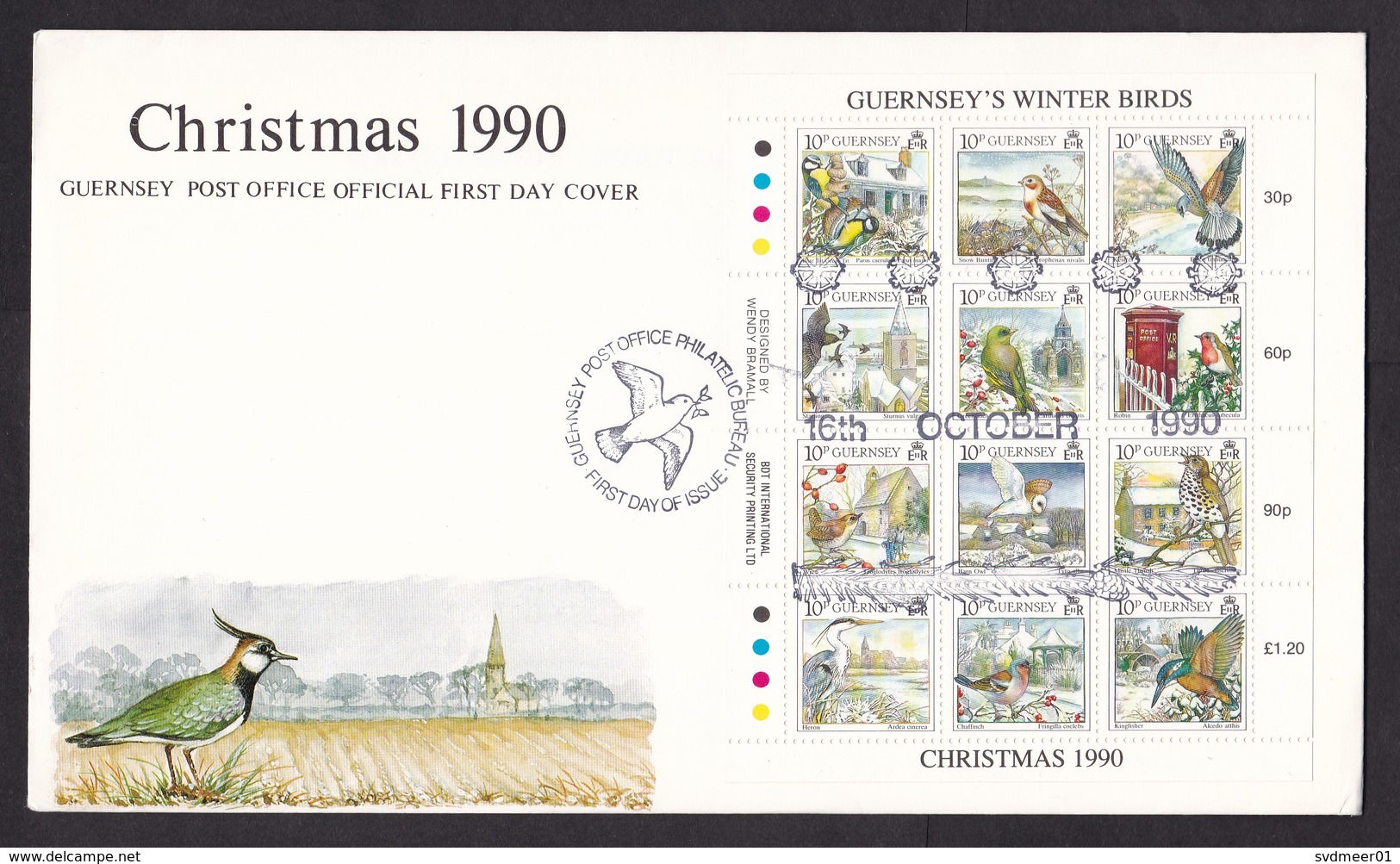 Guernsey: First Day Cover, 1990, 12 Stamps, Mini Sheet, Winter Birds, Bird, Animal (very Minor Crease) - Guernsey