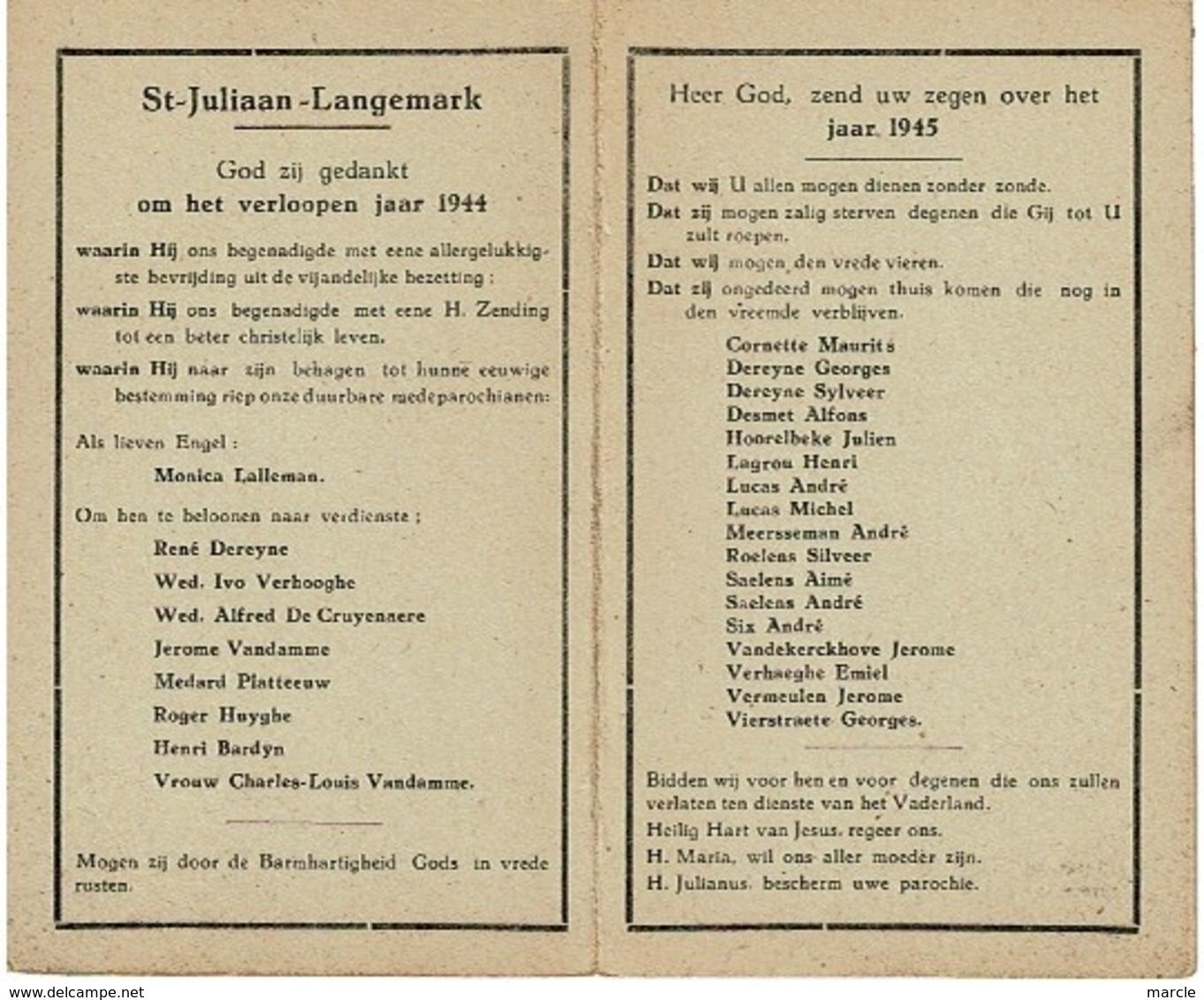 St. Juliaan - Langemark 1944 - 1945  Gedachtenis Overleden Parochianen - Esquela