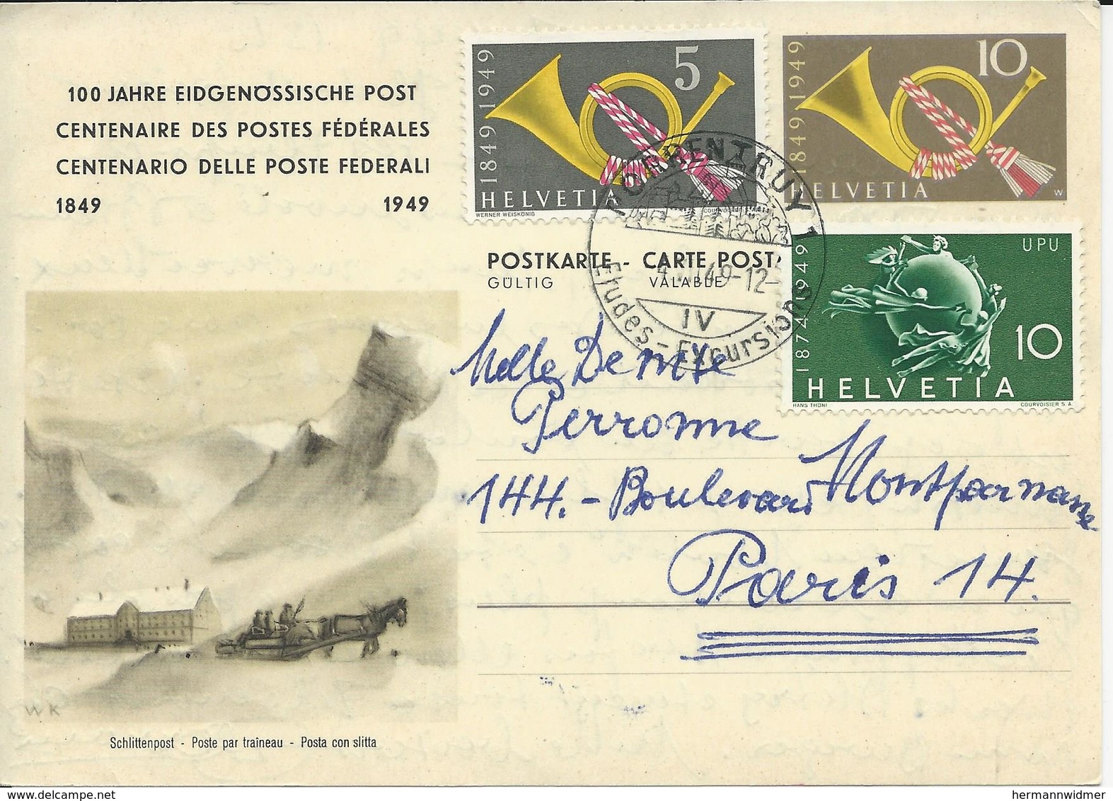 291+294 + Entier Postal 177, Centenaire Postes Fédérales Suisses, Cor De Postillon Monument UPU, Obl. Porrentruy - Stamped Stationery