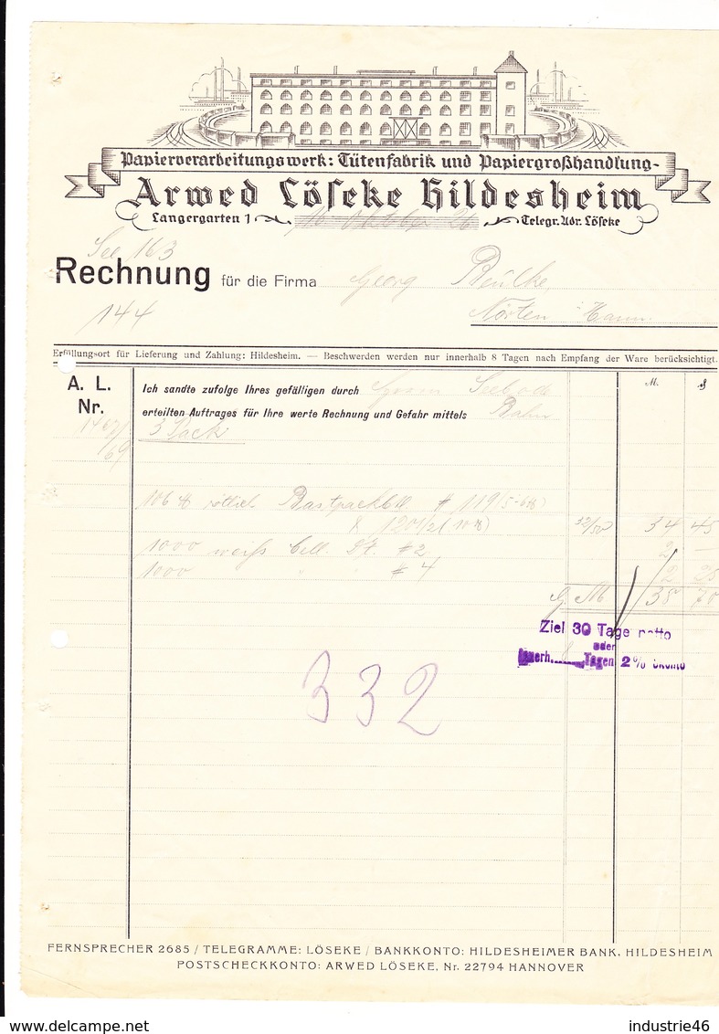 Hildesheim 1926, Rechnung Papierverabeitungswerk Löseke Mit Fabrikansicht - 1900 – 1949