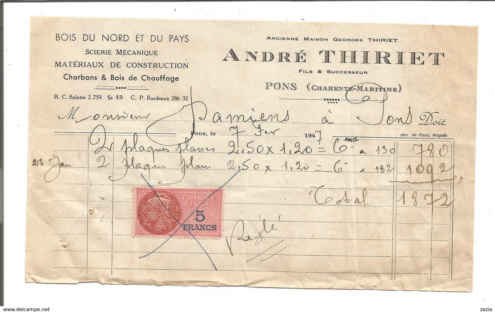 VP.0398/ Pons - Charente-Maritime - Thiriet Construction Bois - Timbre Fiscal - 1900 – 1949