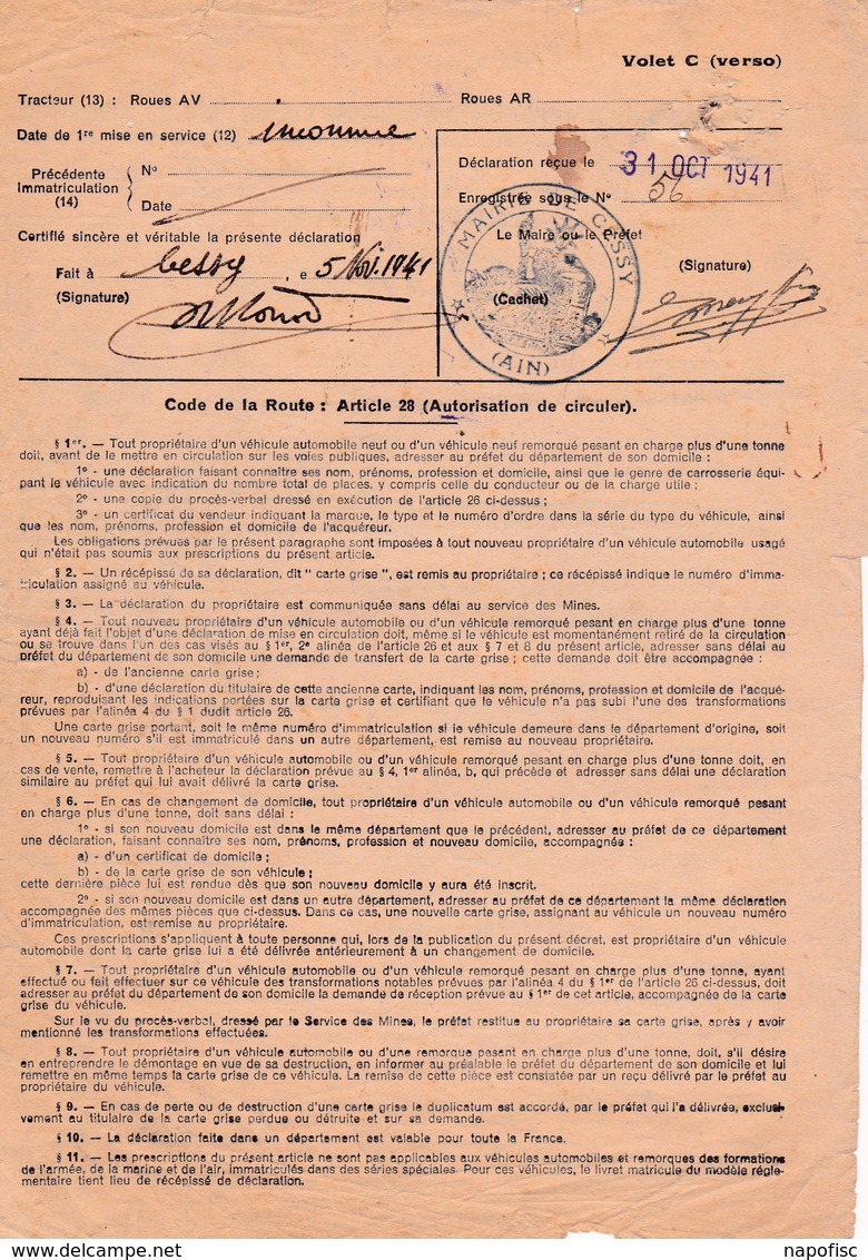 01- Etat Français Déclaration De Propriété D'1 Vélomoteur Alcyon ..Cessy ..(Ain)..1941 - Documents Historiques