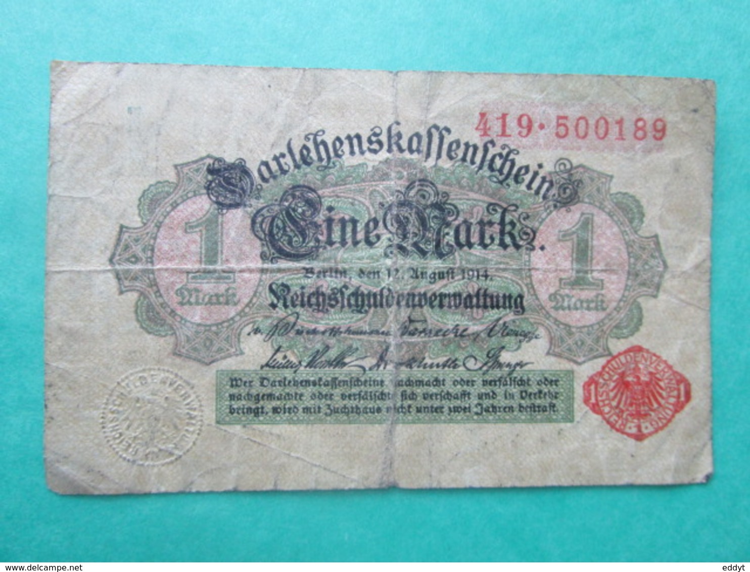 Billet, Allemagne, 1 Mark  -  Ft: 10 X 6 Cm - 1914 - 1 Mark