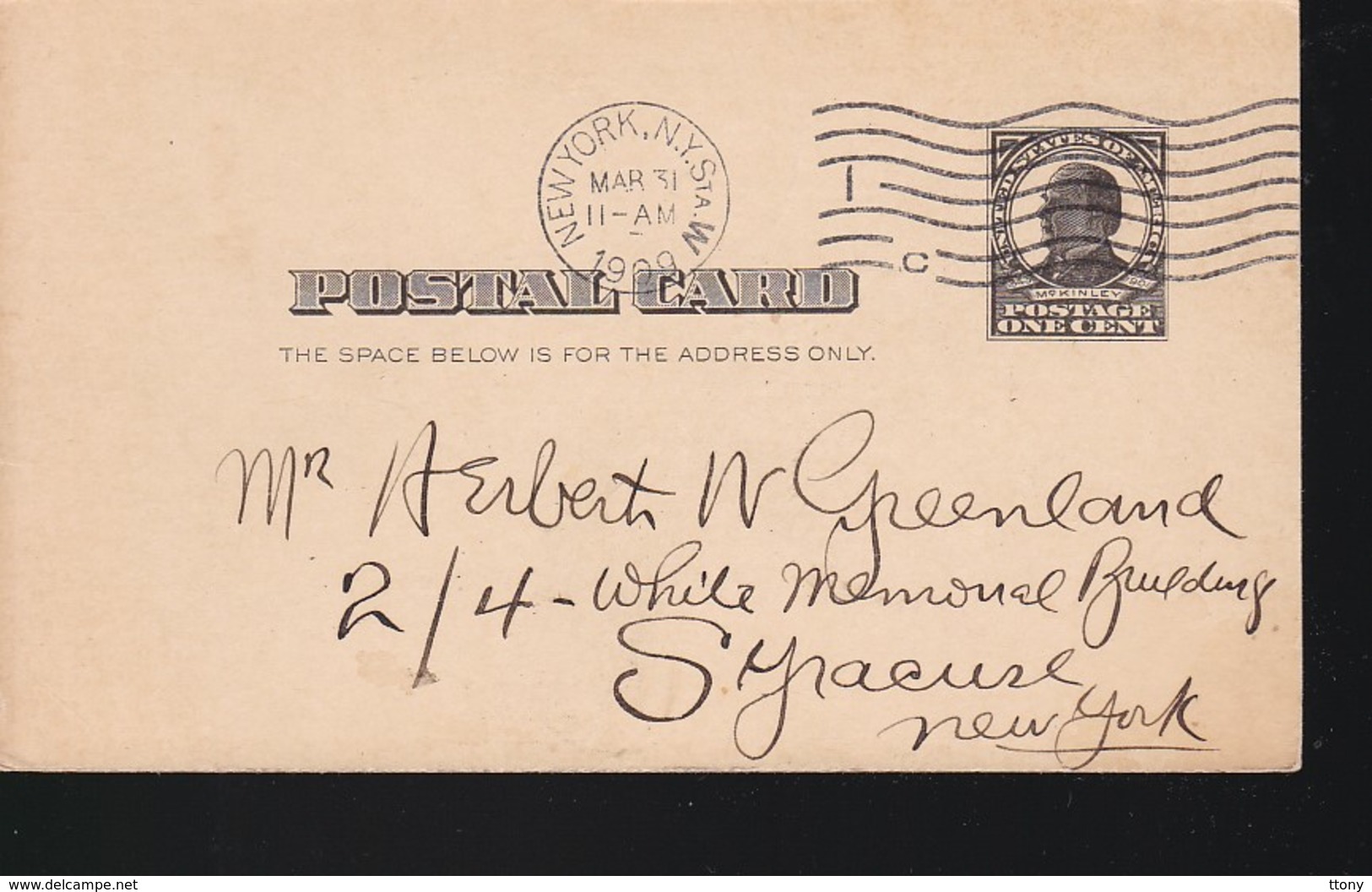 1  Poste Card   Année 1909   Mc Kilnley New-York - 1901-20