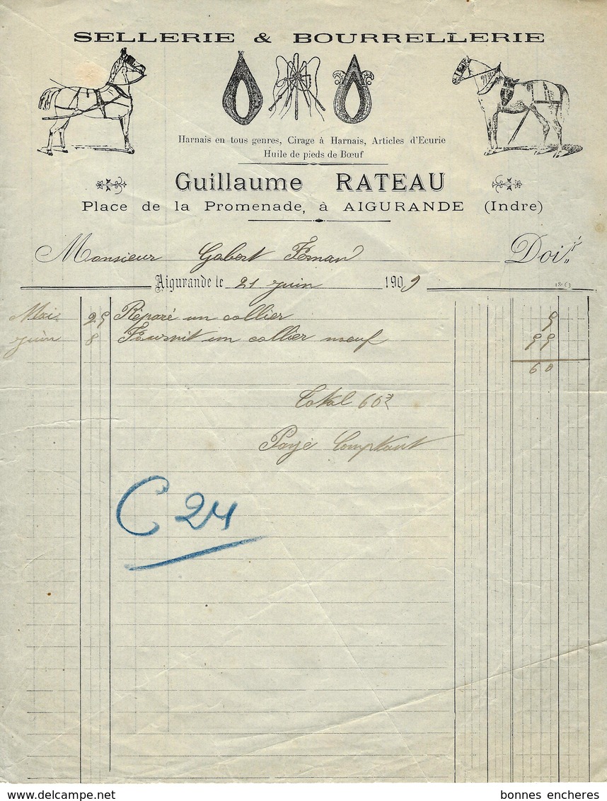 1909 Guillaume Rateau Sellerie Et Bourrellerie à Aigurande  (Indre)  Pour Gabert Fernand Même Ville ?  VOIR SCANS - 1900 – 1949