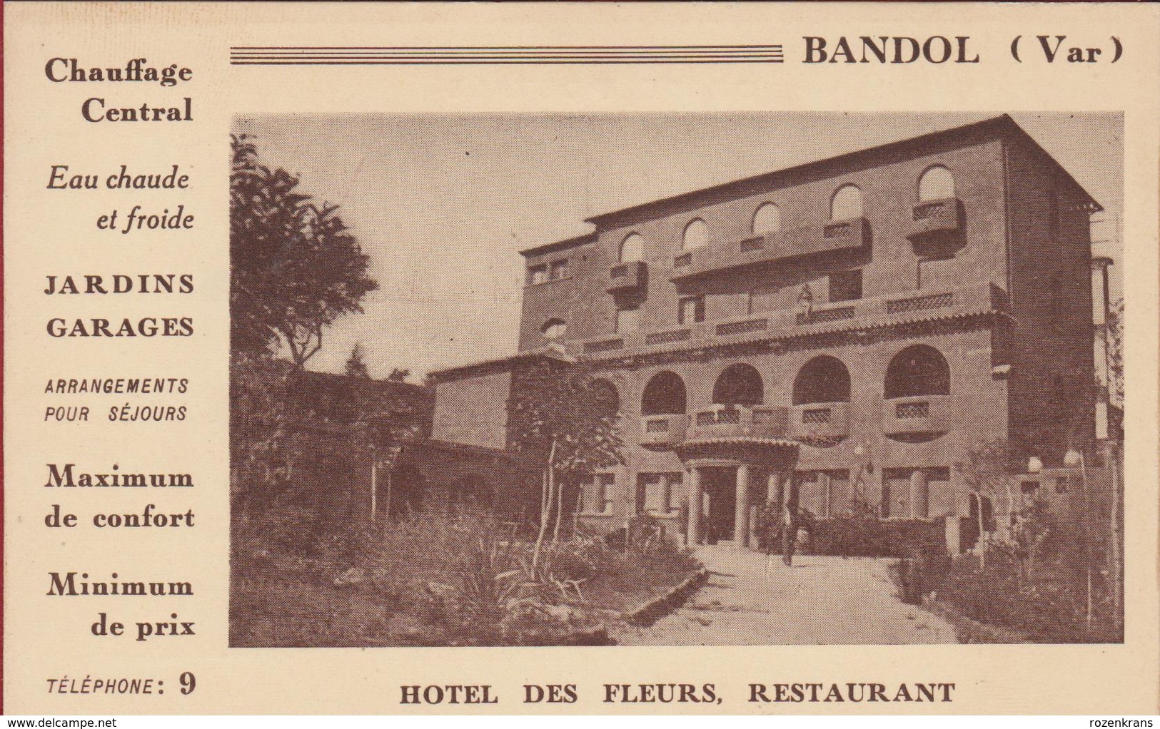 Bandol (Var) Hotel Des Fleurs "Publicité Du Restaurant" (En Très Bon Etat) - Hotels & Restaurants