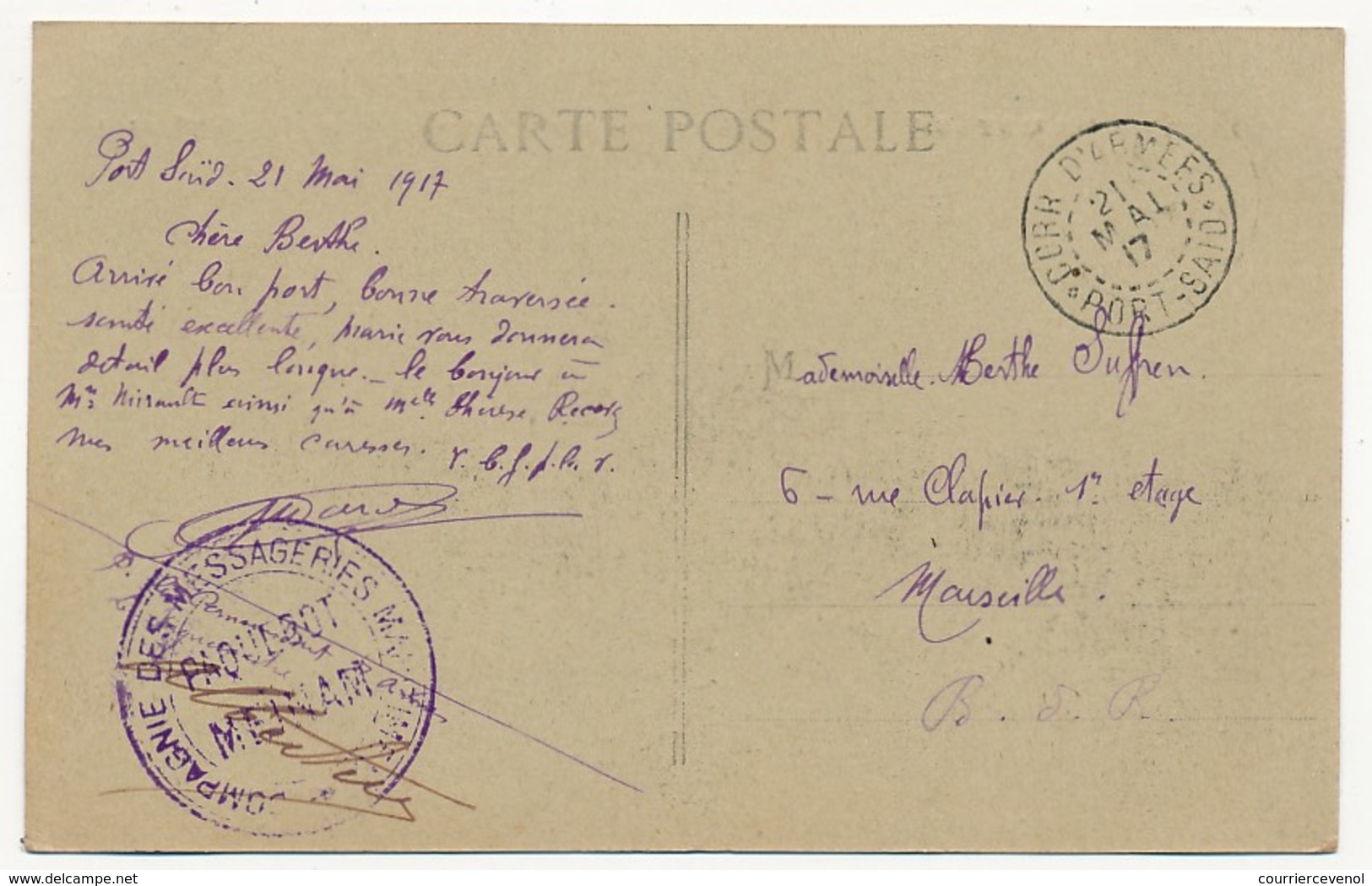 Cachet "Correspondance D'Armées PORT SAID" 1917 + Compagnie Des Messageries Maritimes Paquebot MEINAM" Sur CPA Id - Poste Maritime