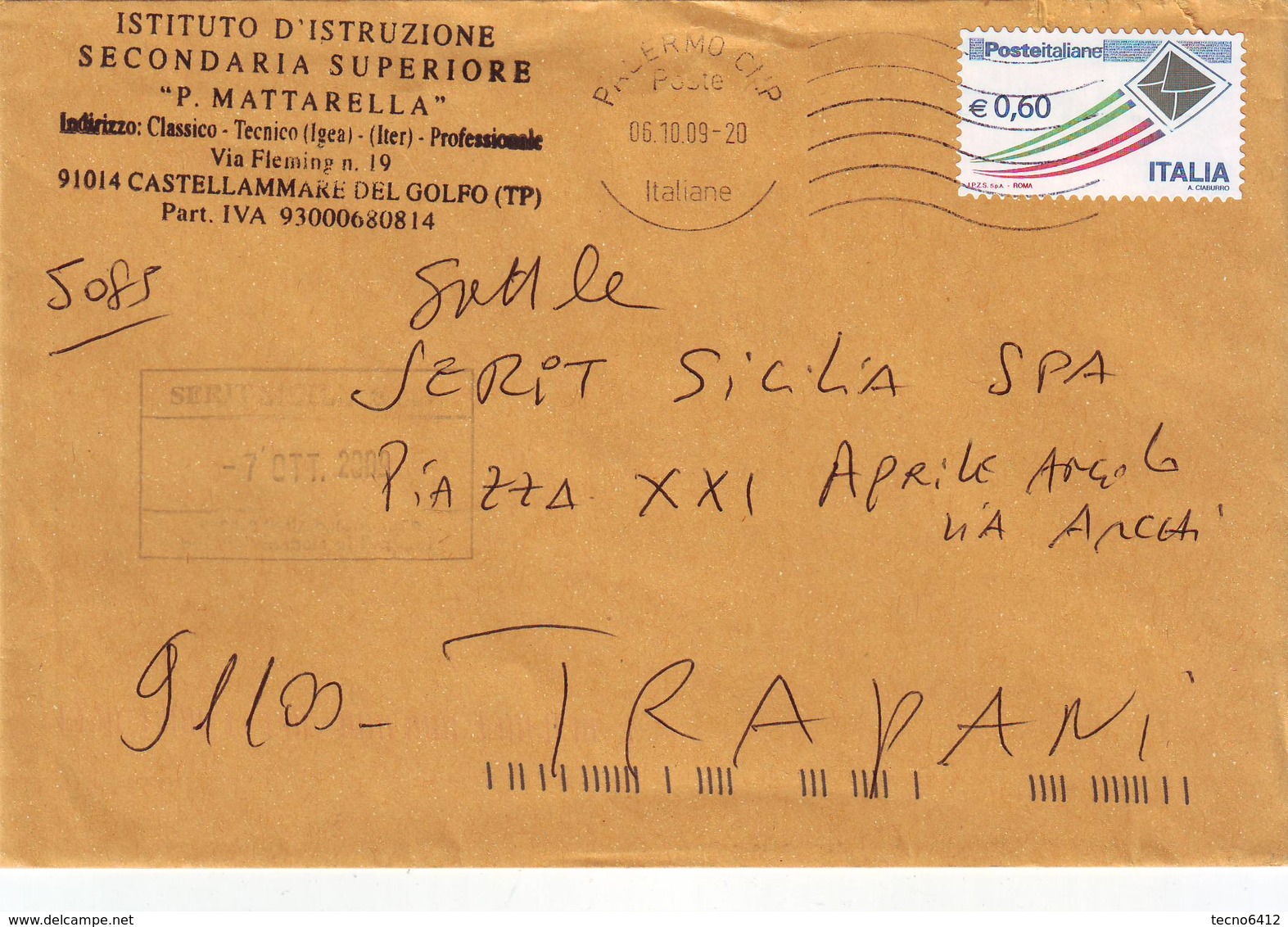 Prioritaria Su Busta Istituto D'istruzione Secondaria Superiore P.Mattarella Castellammare Del Golfo Con Annullo Palermo - 2001-10: Usati