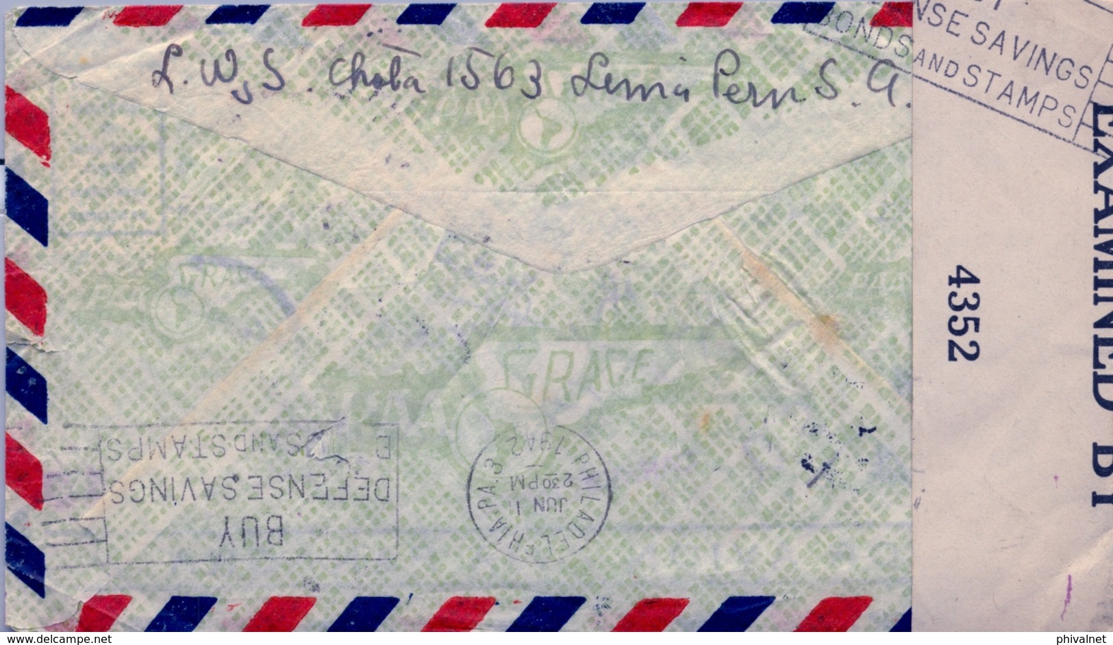 1942 , PERÚ , SOBRE CIRCULADO POR AVION VIA PANAGRA , CENSURADO , LIMA - PHILADELPHIA , MARCA " CARRIER MARK ", LLEGADA - Perú