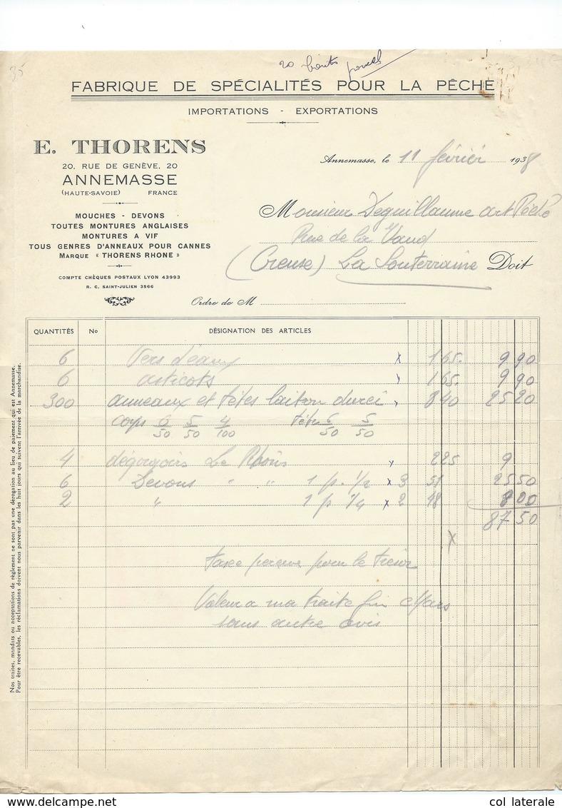 Facture 1938 Pêche E. THORENS Annemasse Route De Genève TB 210 X 270 Mm - Autres & Non Classés