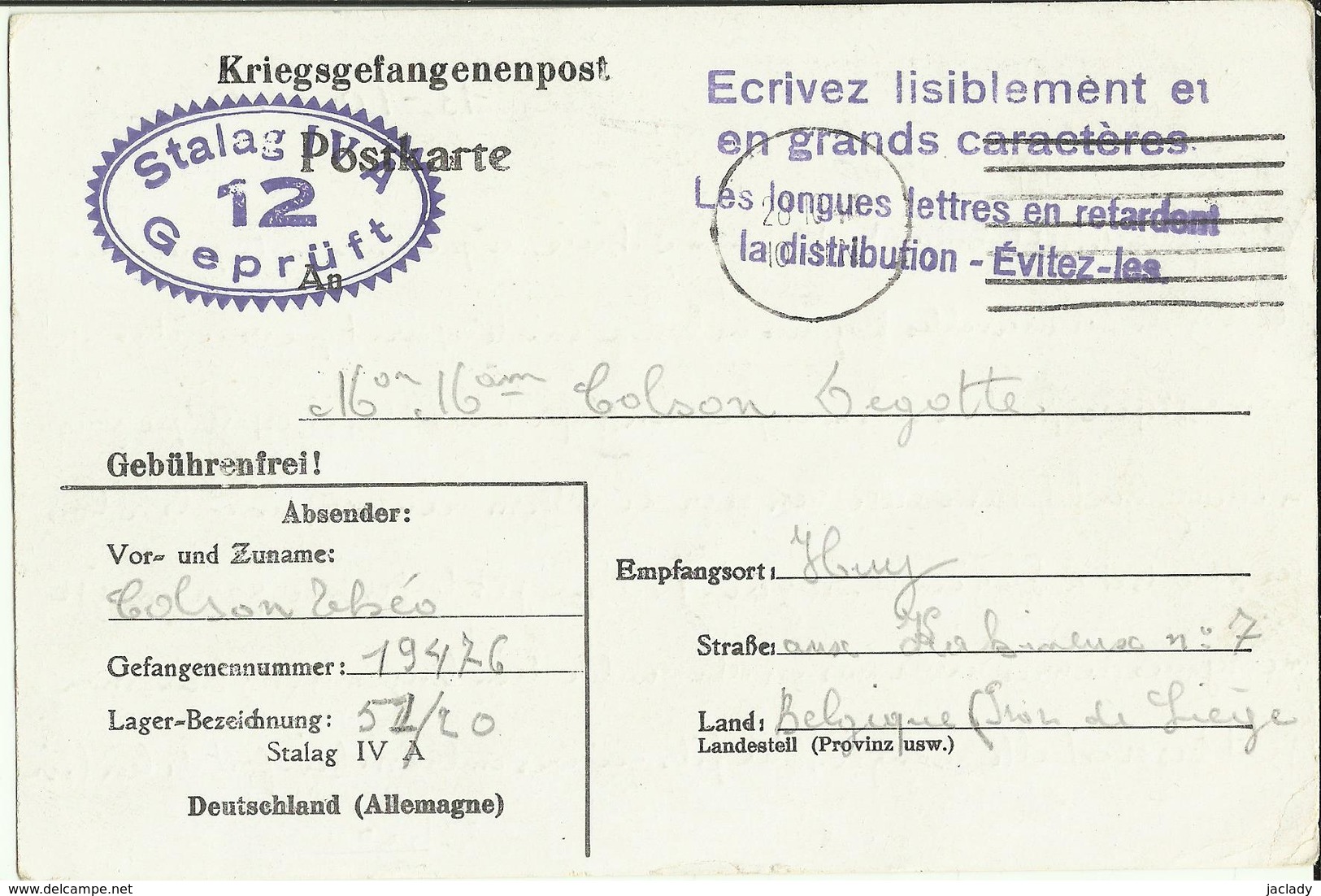 Correspondance Des Prisonniers De Guerre STALAG IV A    1940 - Lettres & Documents