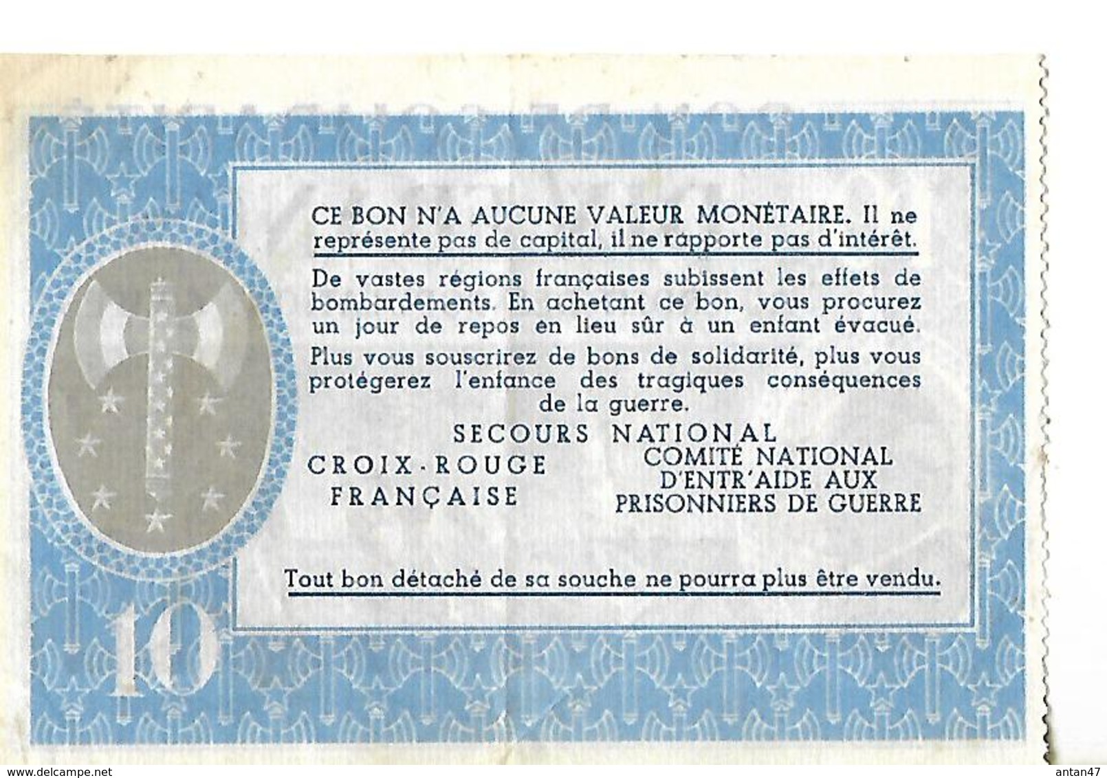 Bon Solidarité De 10 Francs Au Profit Des Populations Civiles éprouvées Par La Guerre Et Les Prisonniers - Otros & Sin Clasificación