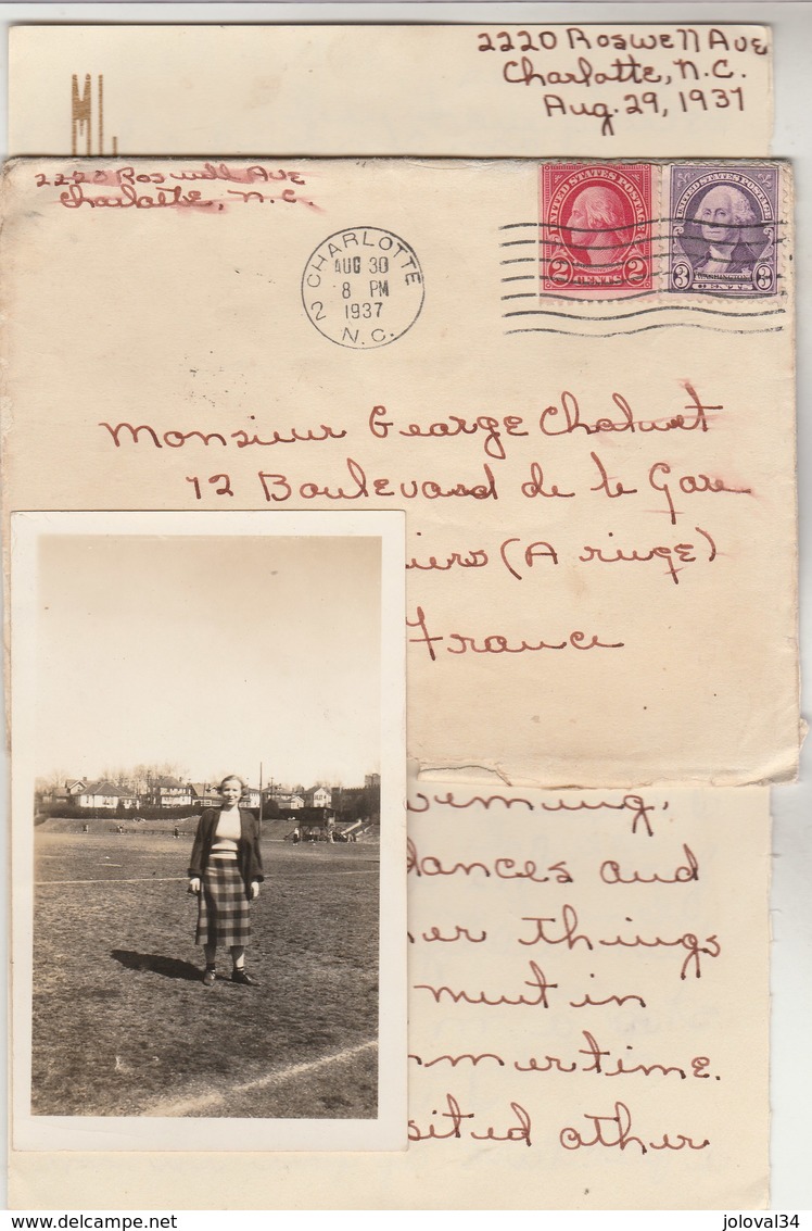 USA  Lettre AVEC PHOTO  Cachet CHARLOTTE NC 30/8/1937 Pour Calvet Pamiers Ariège France - Lettres & Documents